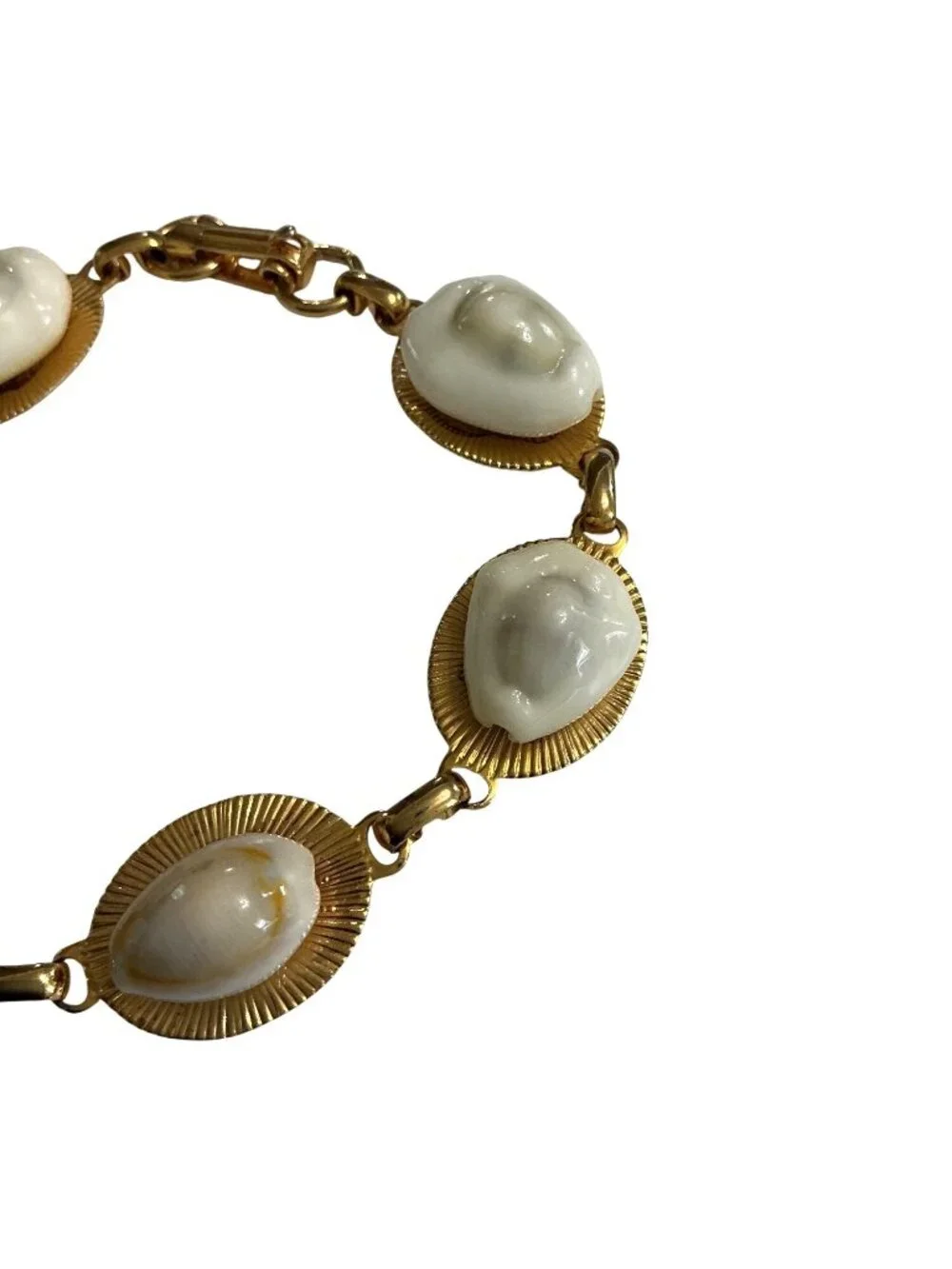 Vintage Gold-Tone  Bold Statement Bracelet With White Sculpted Cabochans